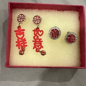 Elegant Red and Gold Dangle Earrings Set